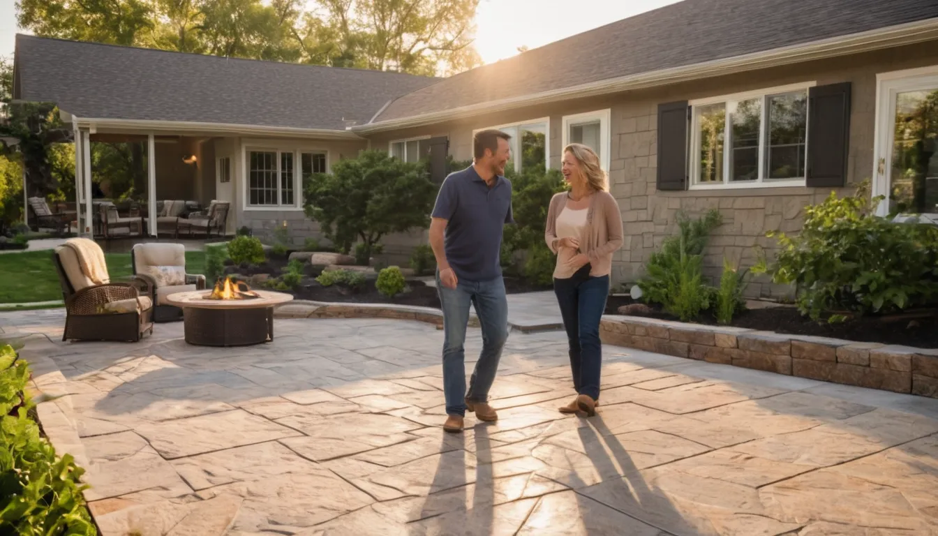 Stamped concrete patio behind a home in the Green area