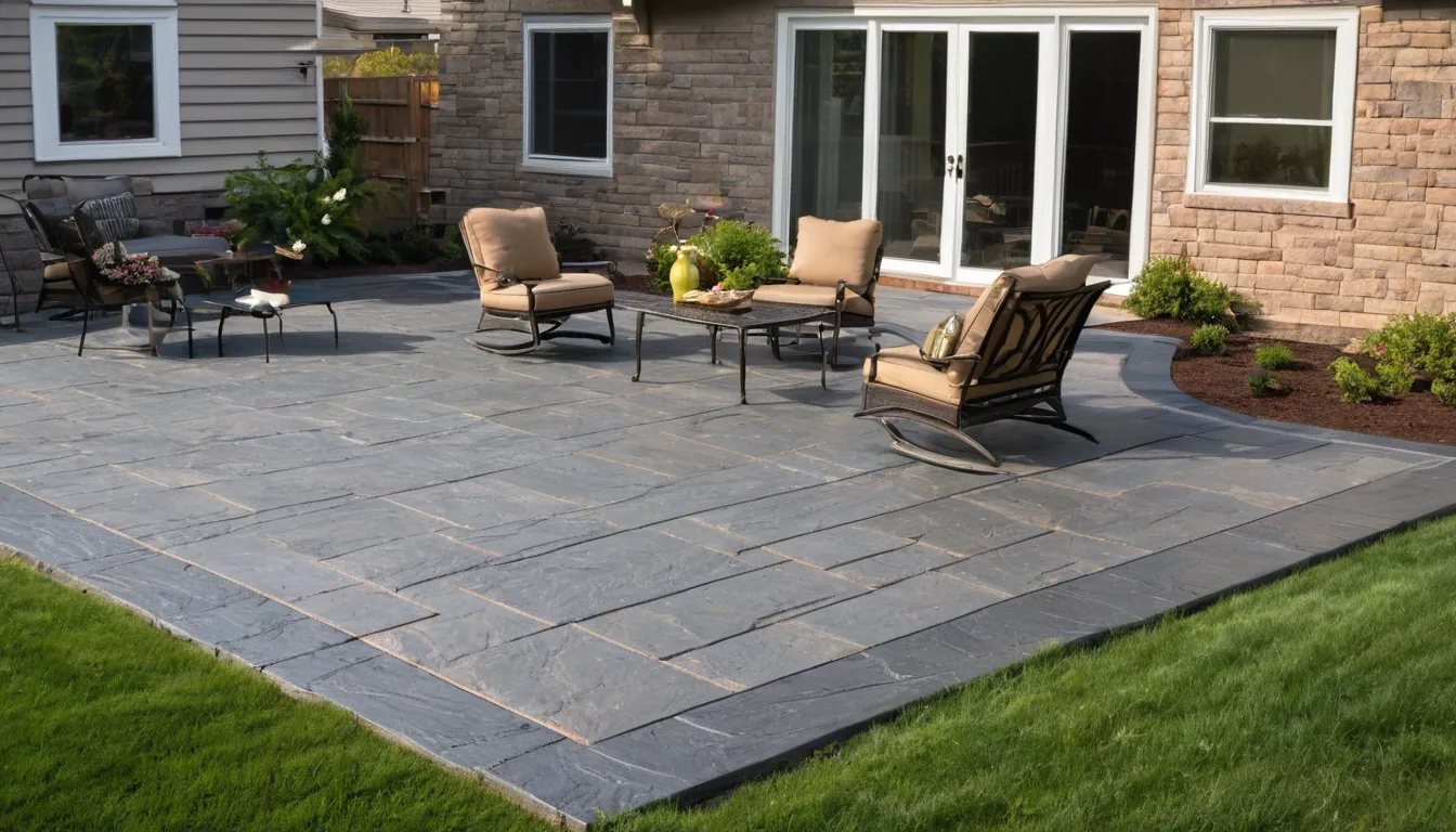 Stamped concrete patio with a slate pattern behind a ranch home in the Green area